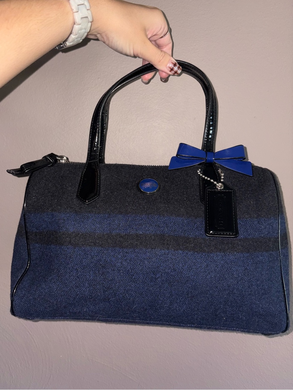 Coach F24784 Blue Black Wool Bow Satchel Handbag Y2K Style